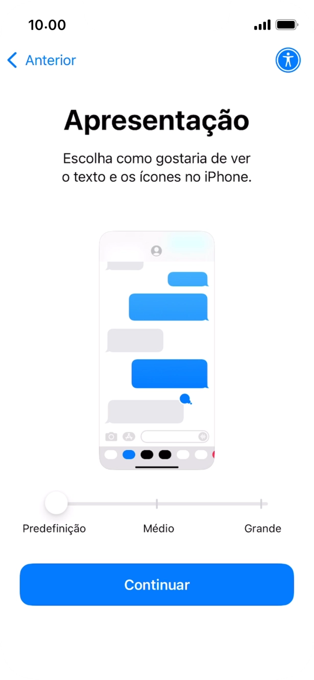 Escolha o tamanho pretendido para o texto e ícones no telefone e prima Continuar.