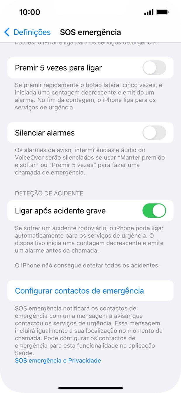 Prima Configurar contactos de emergência e siga as indicações no ecrã para introduzir a sua informação de emergência e os seus contactos de emergência.
