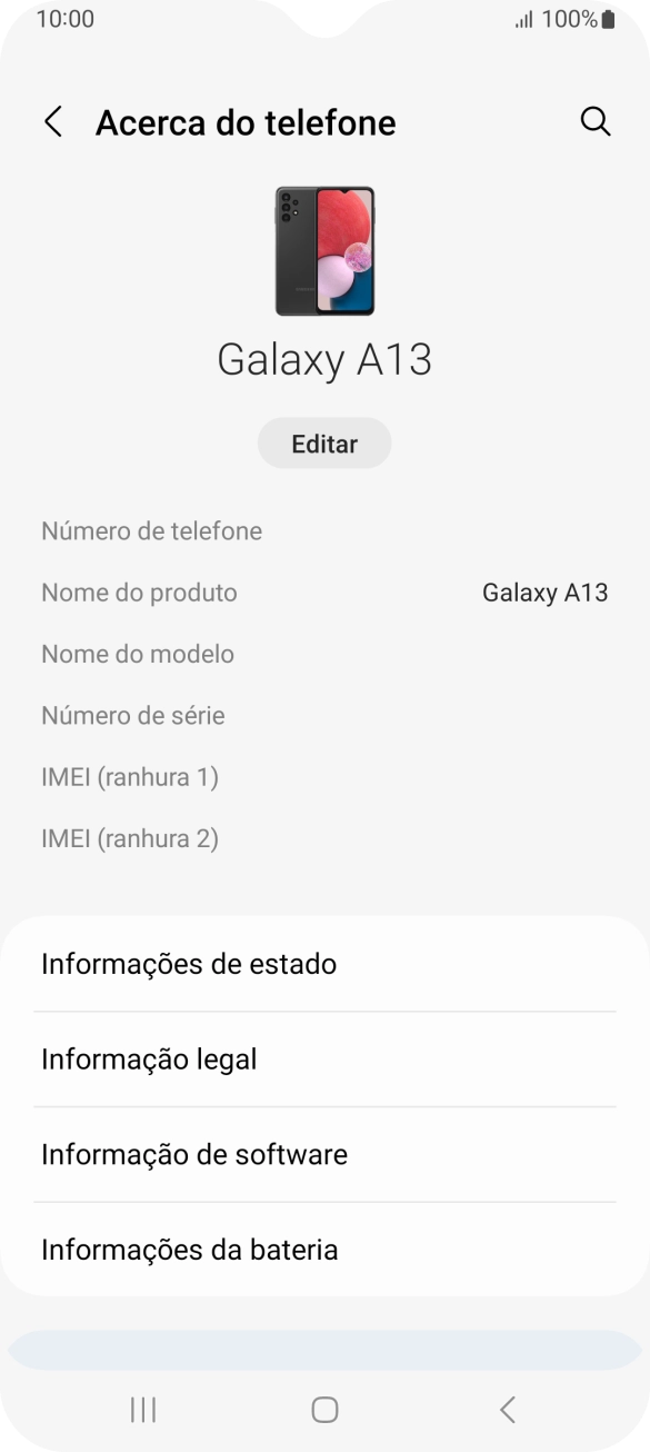 O código IMEI é mostrado no ecrã.