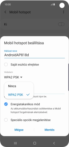 Válaszd a WPA2 PSK lehetőséget, ha jelszóval szeretnéd védeni a Wi-Fi hotspotodat.