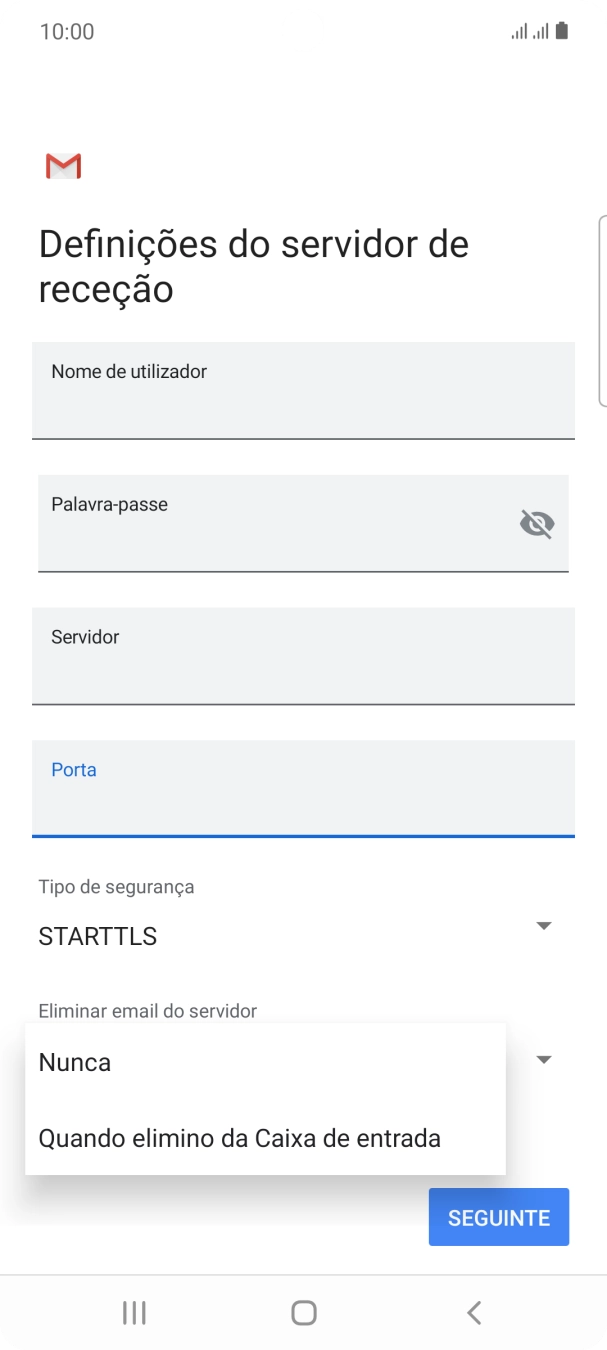 Prima Nunca para manter os e-mails no servidor quando estes são apagados no telefone.
