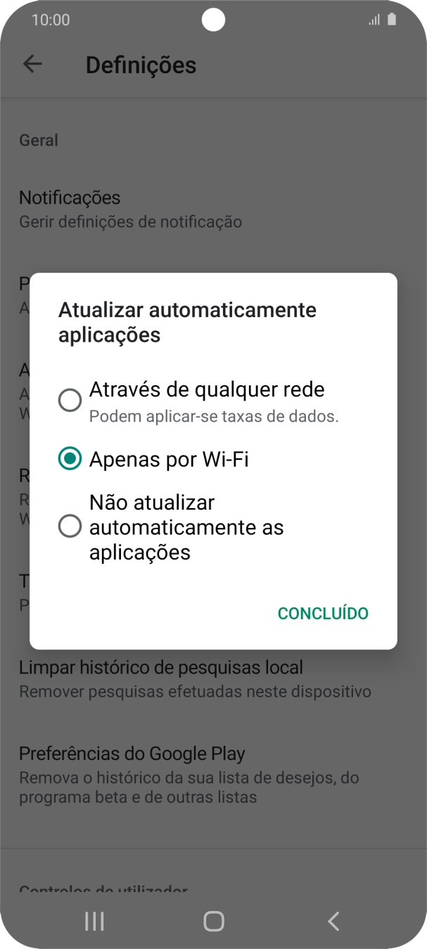 Para ativar a atualização automática de apps via redes móveis, prima Através de qualquer rede.