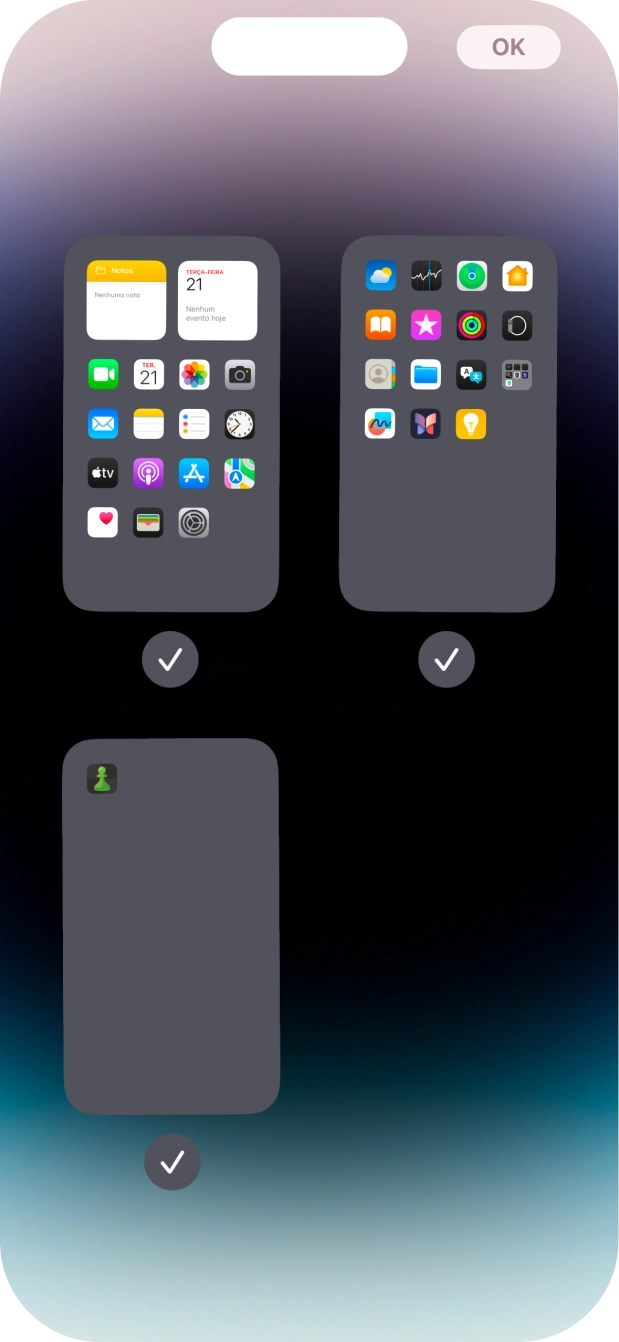 Prima os campos sob as páginas do ecrã inicial pretendidas, para ativar ou desativar a exibição de páginas.