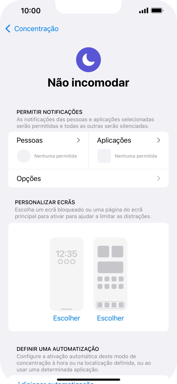 Prima Pessoas e siga as indicações no ecrã para escolher quais os contactos de que pretende receber chamadas e notificações, enquanto a função “Não incomodar” está ativada.
