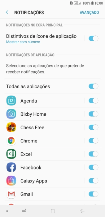 Prima o indicador junto à app pretendida para ativar ou desativar a função.