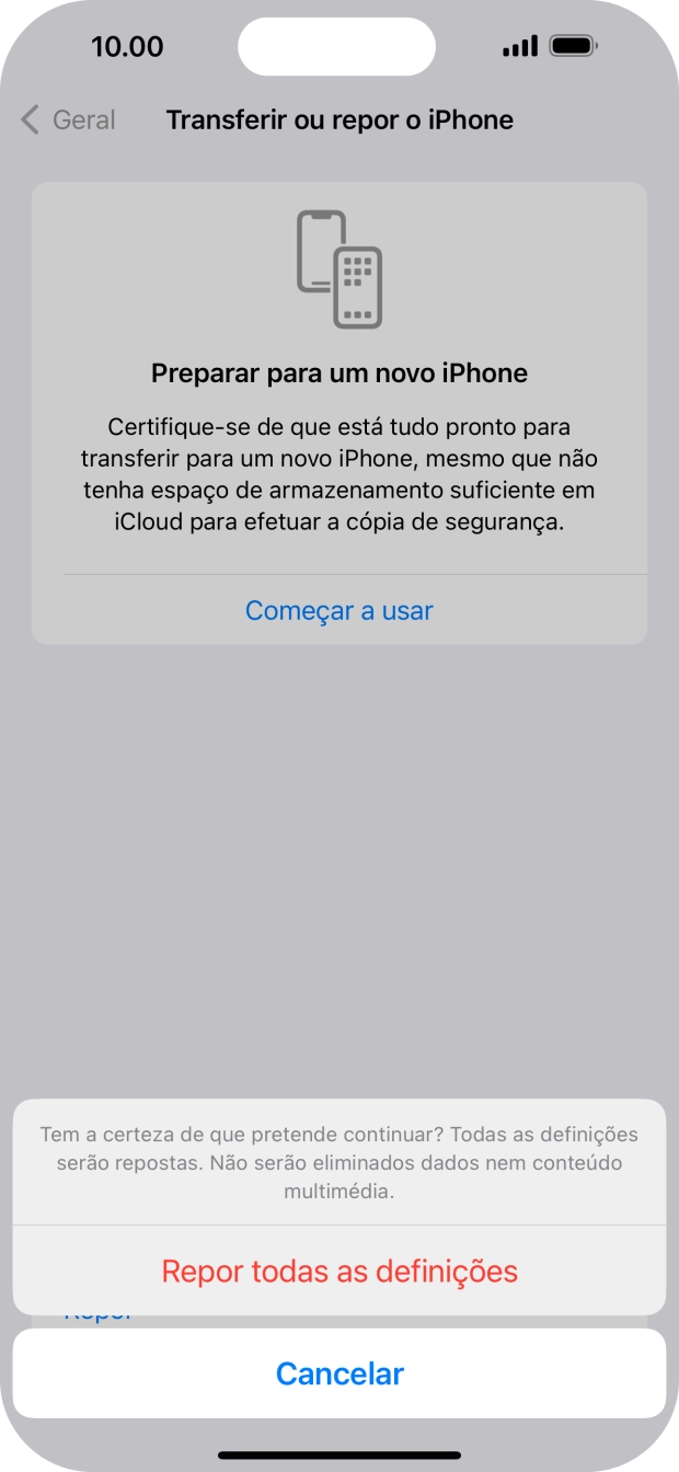 Prima Repor todas as definições. Aguarde um momento enquanto o telefone restabelece as definições originais. Siga as indicações no ecrã para configurar o telefone de modo que este fique pronto a ser utilizado.