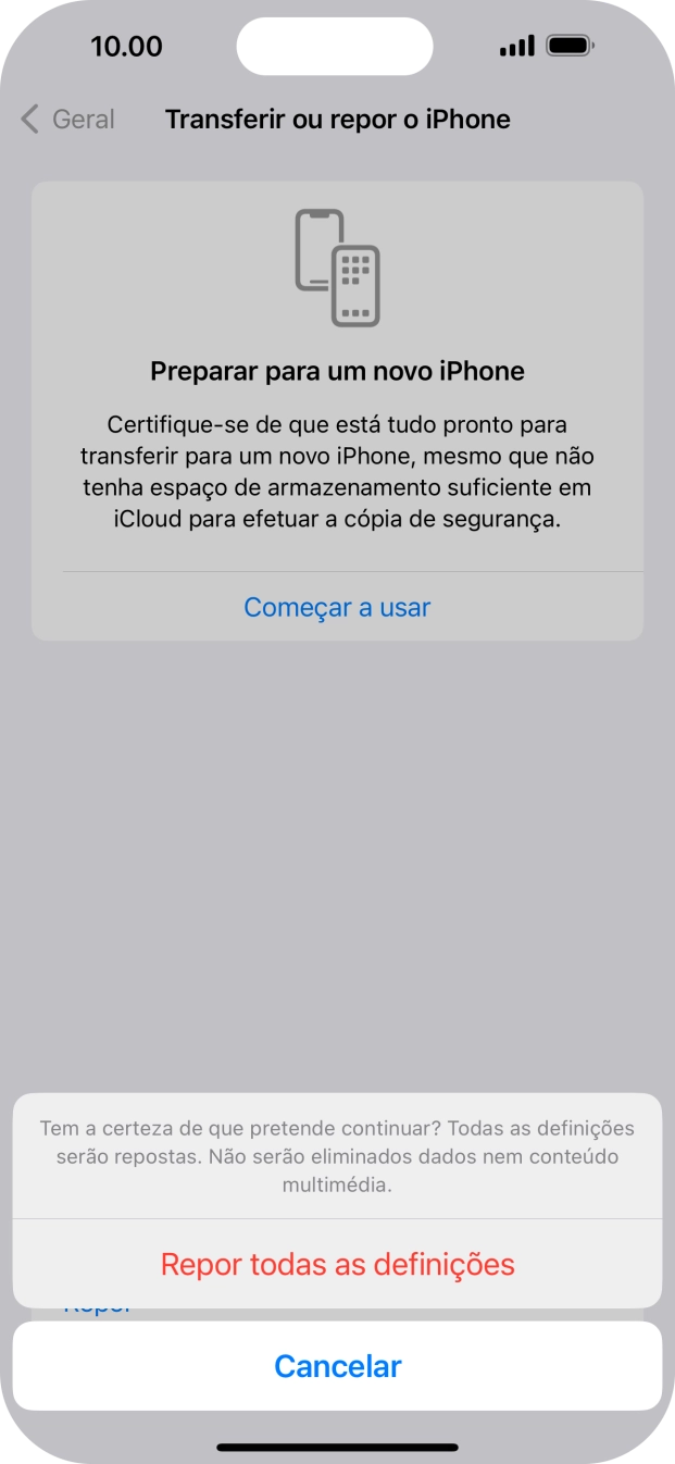 Prima Repor todas as definições. Aguarde um momento enquanto o telefone restabelece as definições originais. Siga as indicações no ecrã para configurar o telefone de modo que este fique pronto a ser utilizado.