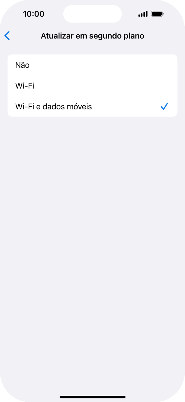 Para desativar a atualização de apps em segundo plano, prima Não.