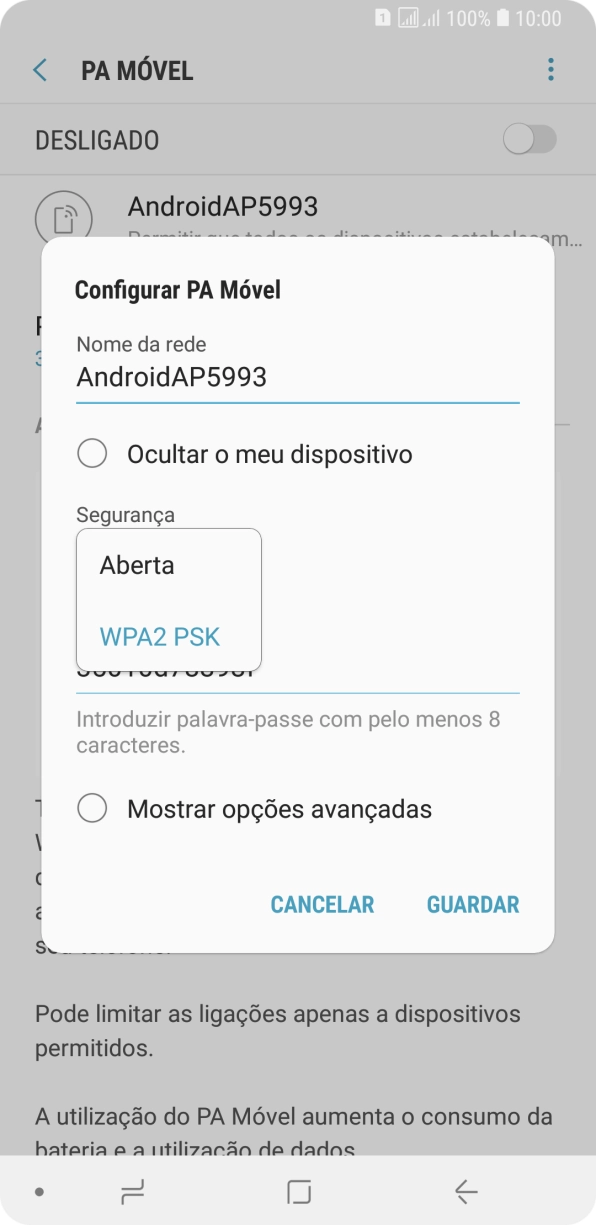 Prima WPA2 PSK para proteger o hotspot Wi-Fi com uma password.