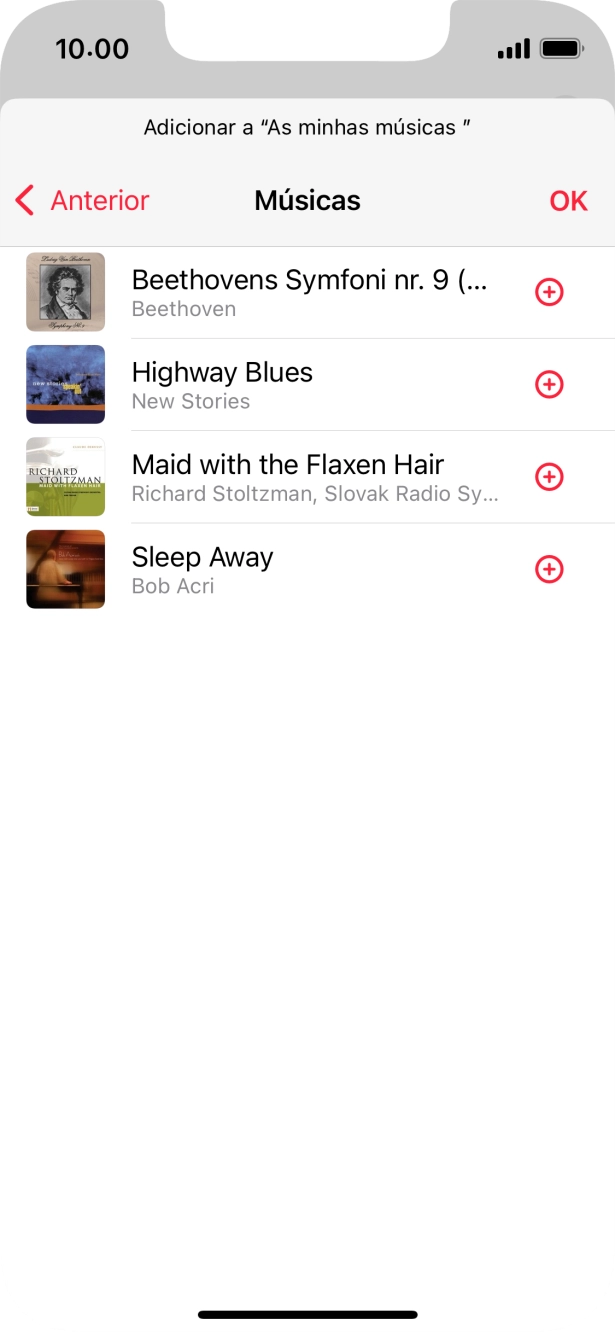 Vá até à categoria pretendida e prima o ícone para adicionar junto do ficheiro de música pretendido.
