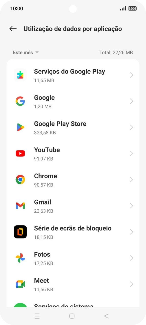 O consumo de dados de cada aplicação é mostrado sob o nome da aplicação.