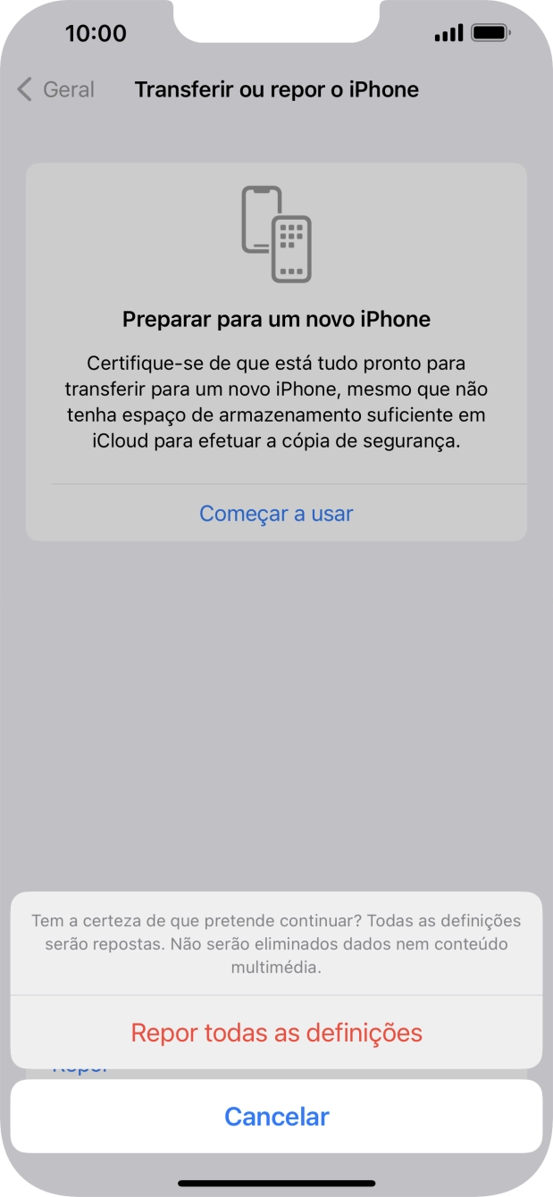 Prima Repor todas as definições. Aguarde um momento enquanto o telefone restabelece as definições originais. Siga as indicações no ecrã para configurar o telefone de modo que este fique pronto a ser utilizado.