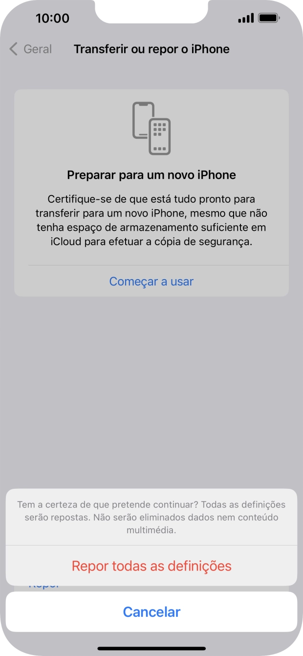 Prima Repor todas as definições. Aguarde um momento enquanto o telefone restabelece as definições originais. Siga as indicações no ecrã para configurar o telefone de modo que este fique pronto a ser utilizado.