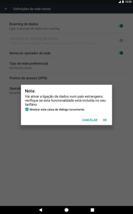 Para ativar o roaming de dados, prima OK.