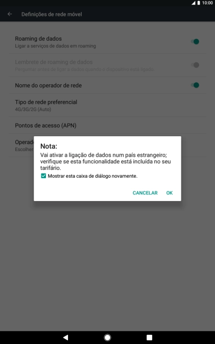 Para ativar o roaming de dados, prima OK.