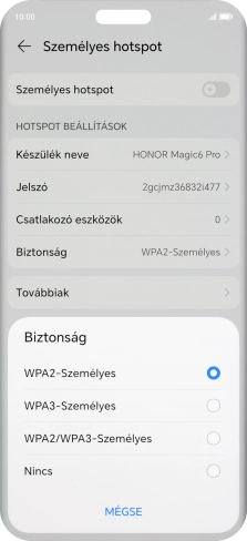 Válaszd a WPA3-Személyes lehetőséget, ha jelszóval szeretnéd védeni a Wi-Fi-hotspotodat.