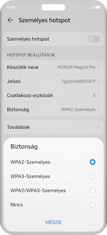 Válaszd a WPA3-Személyes lehetőséget, ha jelszóval szeretnéd védeni a Wi-Fi-hotspotodat.