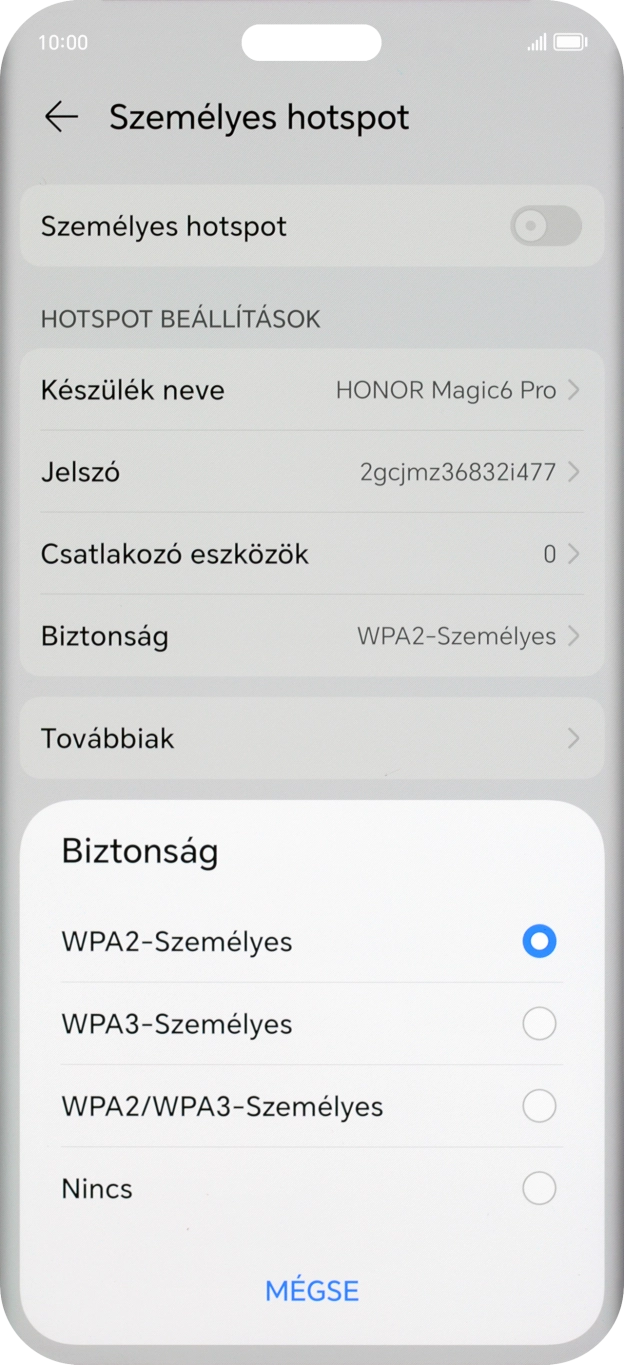 Válaszd a WPA3-Személyes lehetőséget, ha jelszóval szeretnéd védeni a Wi-Fi-hotspotodat. Válaszd a WPA3-Személyes lehetőséget, ha jelszóval szeretnéd védeni a Wi-Fi-hotspotodat.