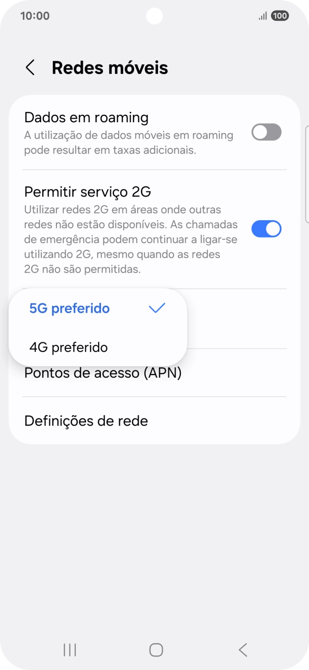 Prima o tipo de rede pretendido.