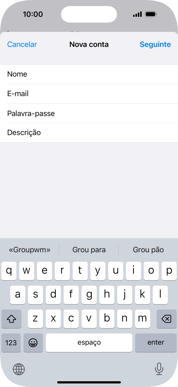 Prima Descrição e introduza o nome pretendido da conta de e-mail.