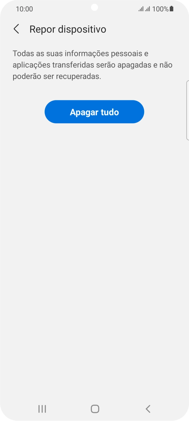 Prima Apagar tudo. Aguarde um momento enquanto o telefone restabelece as definições originais. Siga as indicações no ecrã para configurar o telefone de modo que este fique pronto a ser utilizado.