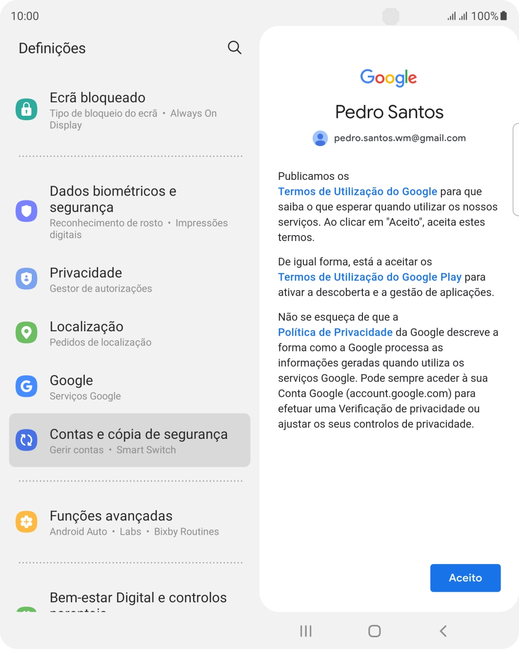 Prima Aceito e siga as indicações no ecrã para escolher as definições da conta Google.