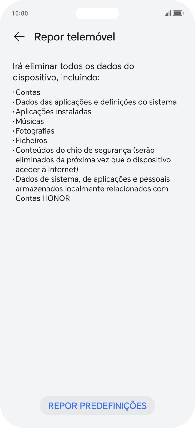 Prima REPOR PREDEFINIÇÕES.