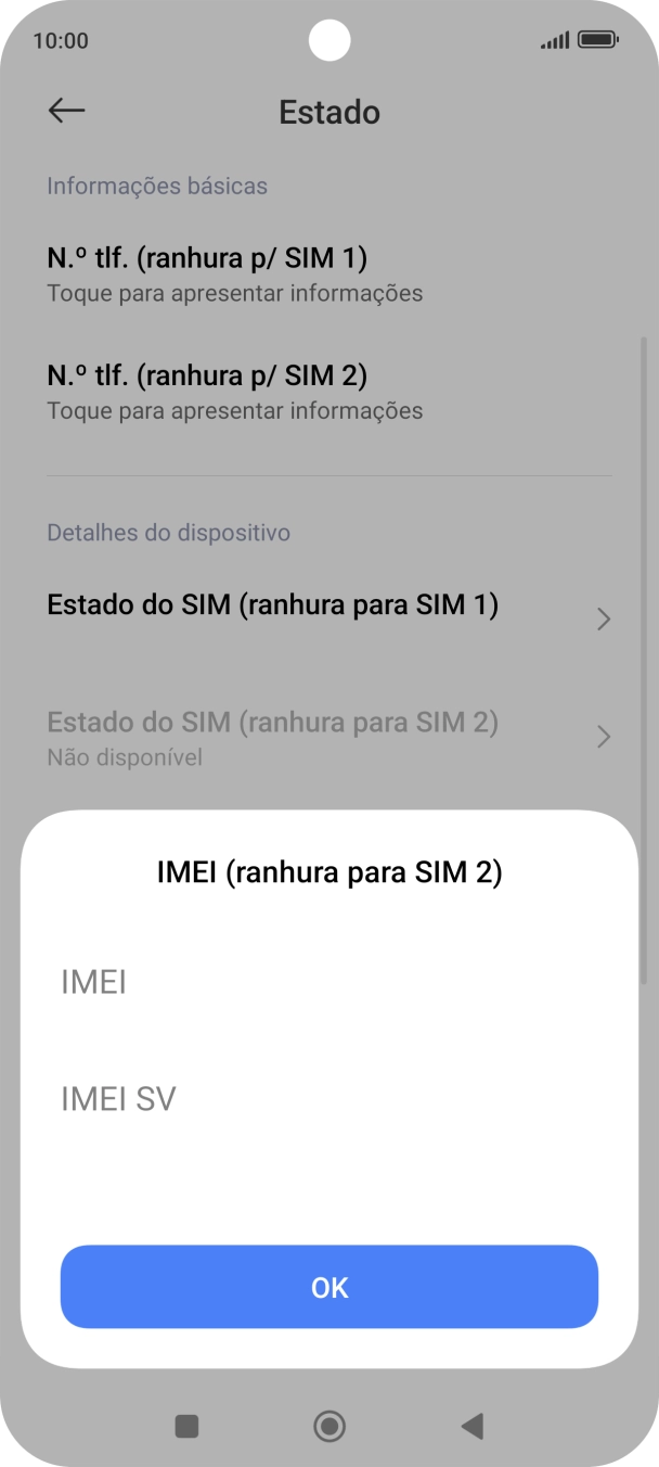 O código IMEI é mostrado no ecrã.