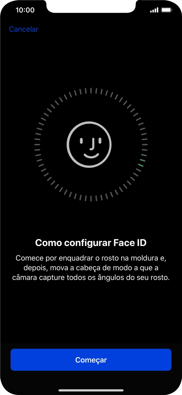 Prima Começar e siga as indicações no ecrã para estabelecer um código de reconhecimento facial (Face ID).