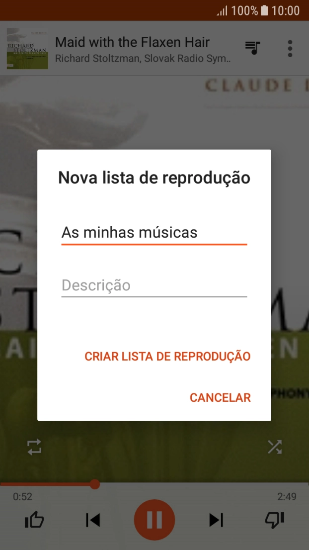 Introduza o nome pretendido para a lista de reprodução e prima CRIAR LISTA DE  REPRODUÇÃO.