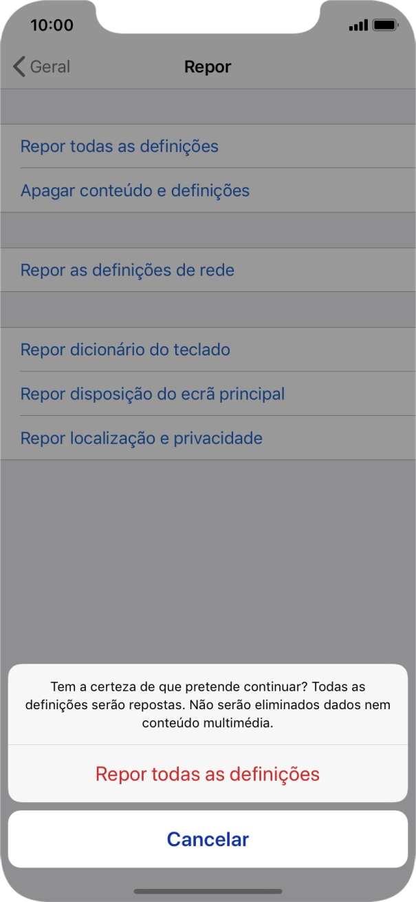 Prima Repor todas as definições. Aguarde um momento enquanto o telefone restabelece as definições originais. Siga as indicações no ecrã para configurar o telefone de modo que este fique pronto a ser utilizado.