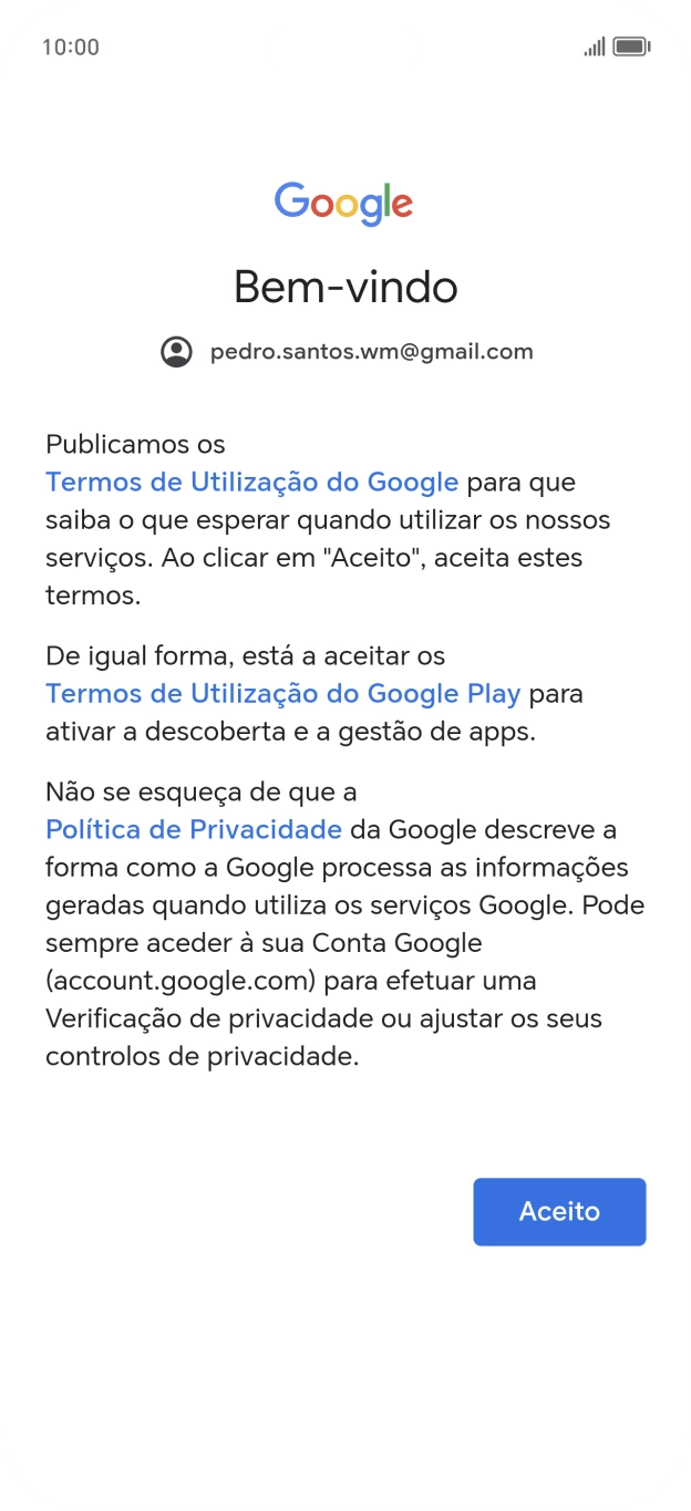 Prima Aceito e siga as indicações no ecrã para escolher as definições da conta Google.