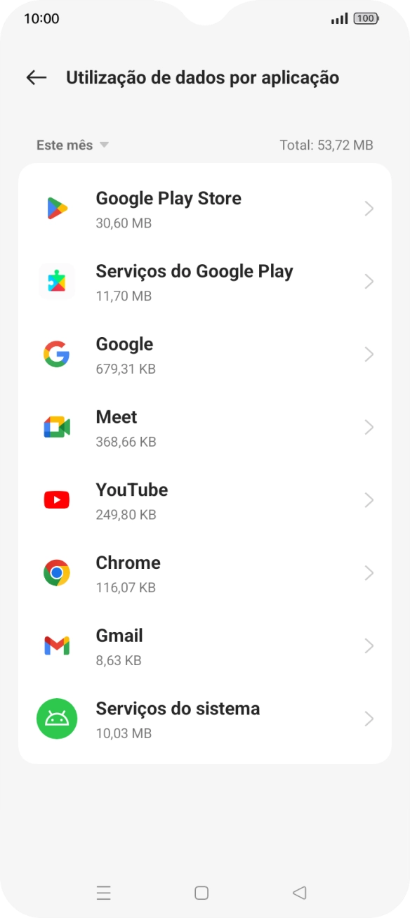 O consumo de dados de cada aplicação é mostrado sob o nome da aplicação.