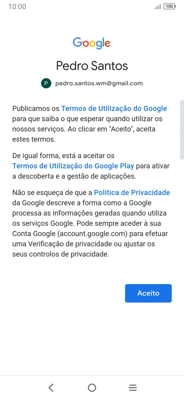 Prima Aceito e siga as indicações no ecrã para escolher as definições da conta Google.