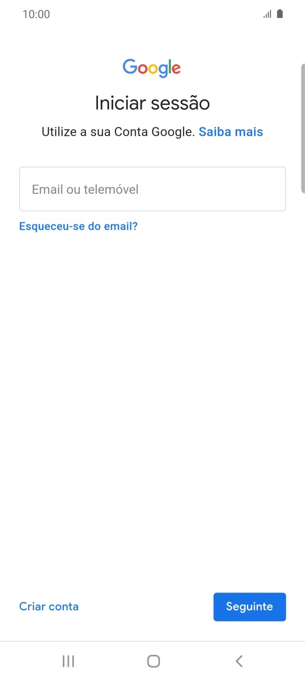 Se não tiver uma conta Google, prima Criar conta e siga as indicações no ecrã para criar uma conta.
