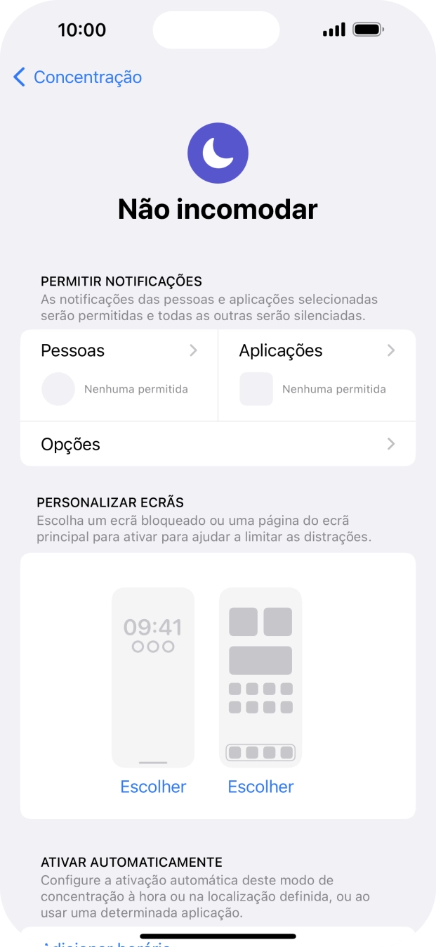 Prima Pessoas e siga as indicações no ecrã para escolher quais os contactos de que pretende receber chamadas e notificações, enquanto a função “Não incomodar” está ativada.