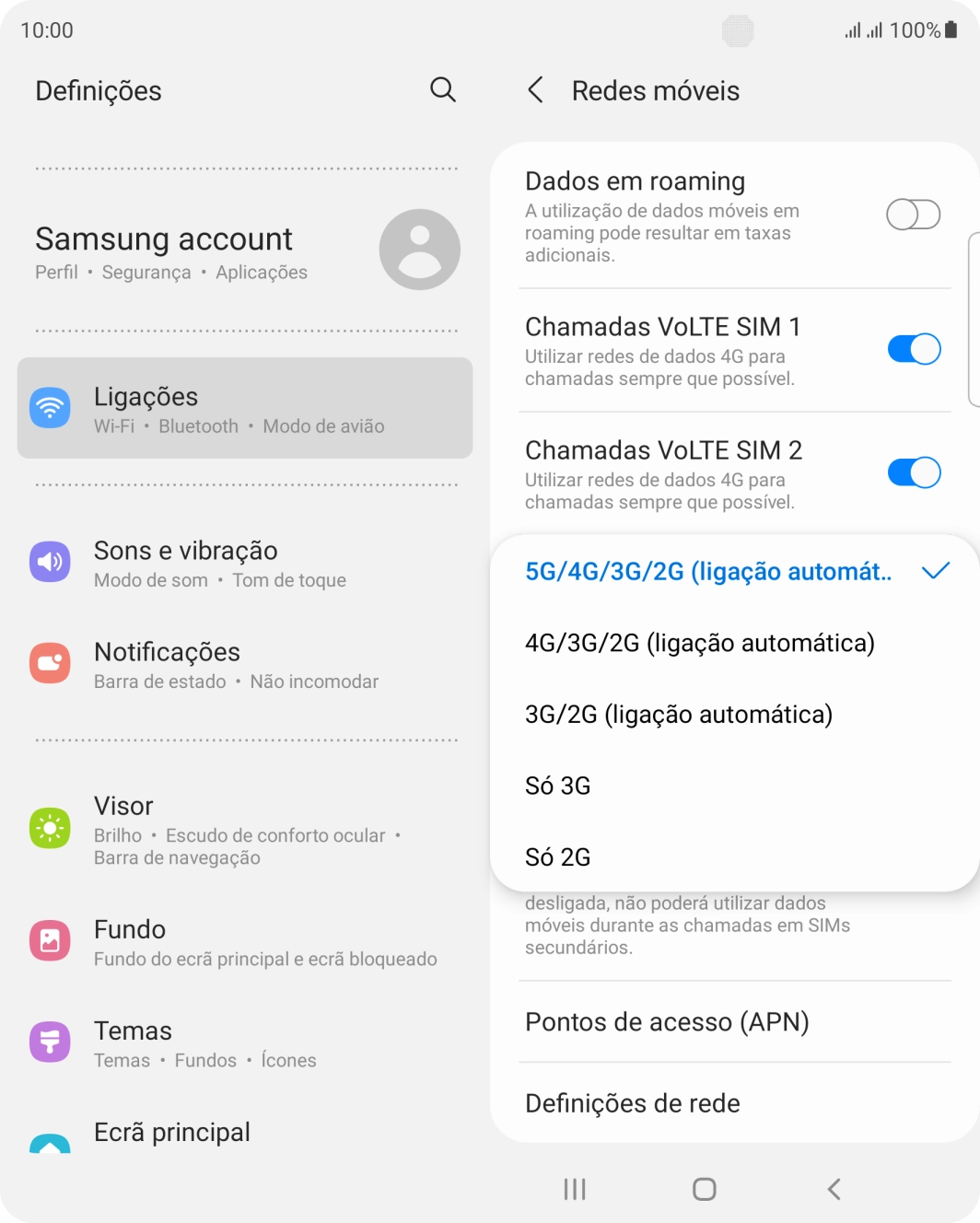 Prima o tipo de rede pretendido.