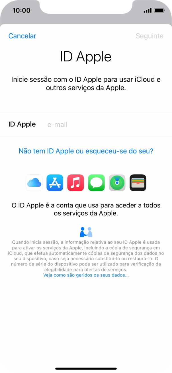 Se não tiver um ID Apple, prima Não tem ID Apple ou esqueceu-se do seu? e siga as indicações no ecrã para criar um ID Apple.