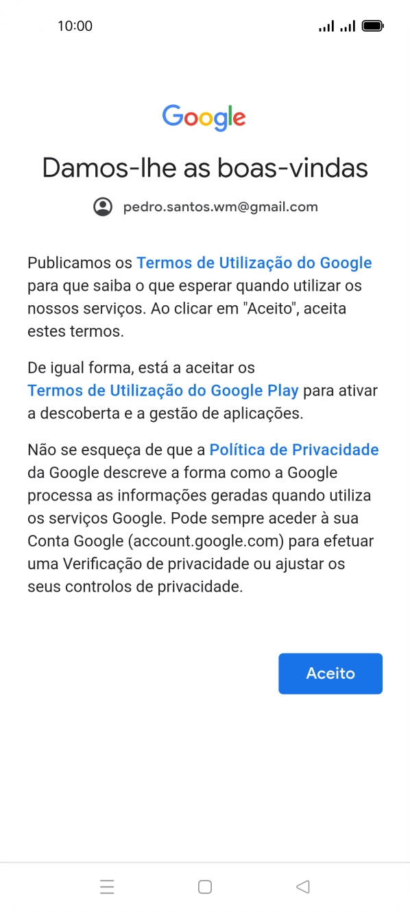 Prima Aceito e siga as indicações no ecrã para escolher as definições da conta Google.