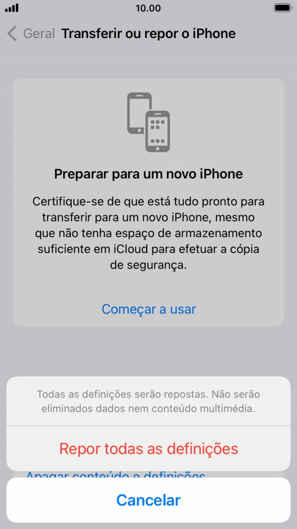 Prima Repor todas as definições.