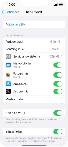 O consumo total de dados é mostrado junto a Período atual.