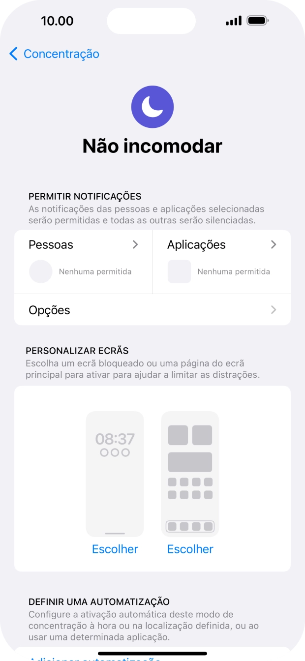 Prima Pessoas e siga as indicações no ecrã para escolher quais os contactos de que pretende receber chamadas e notificações, enquanto a função “Não incomodar” está ativada.