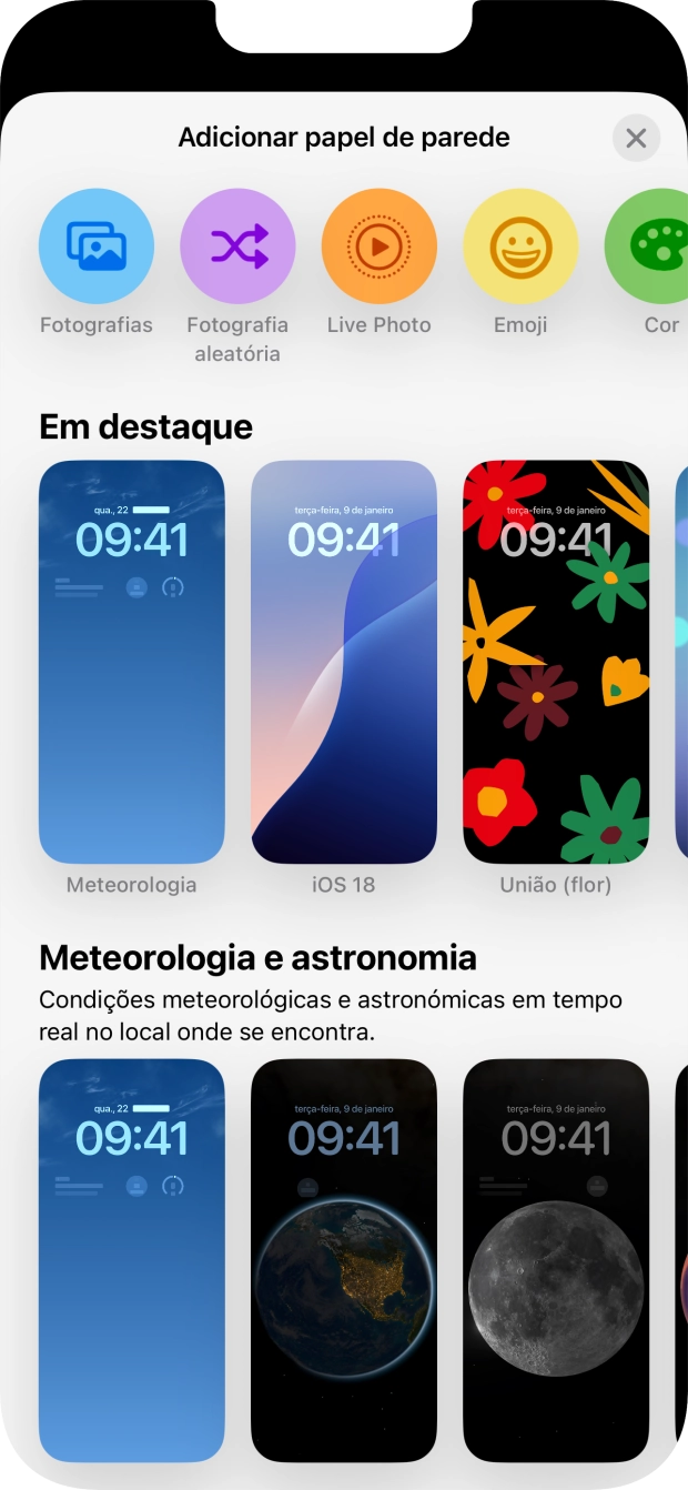 Prima a categoria pretendida e siga as indicações no ecrã para escolher a imagem de fundo pretendida.