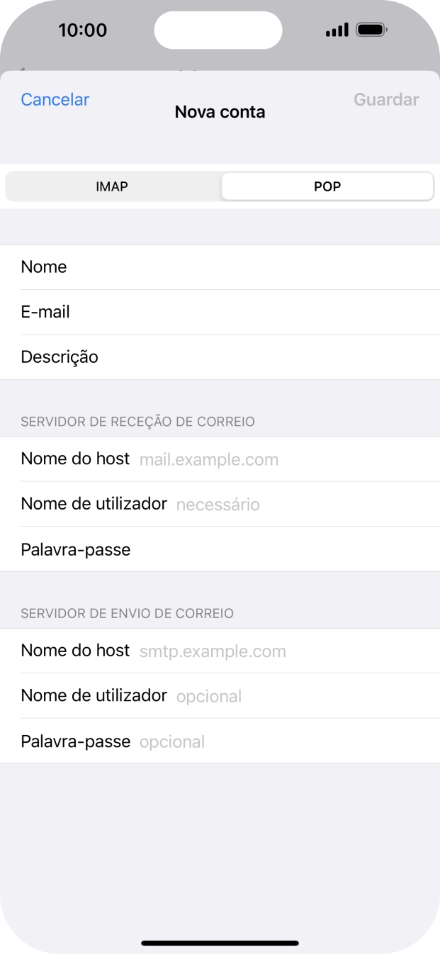 Prima Nome do host e introduza o nome do servidor de receção do fornecedor de e-mail.