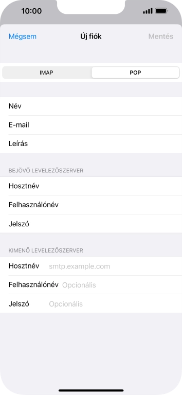 Kattints a Hosztnév mezőre, és írd be az e-mail szolgáltatód kimenő szerverének a nevét.