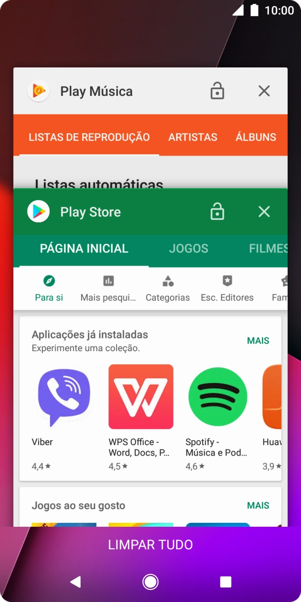 Para terminar uma aplicação em curso, deslize o dedo para a direita na aplicação pretendida.