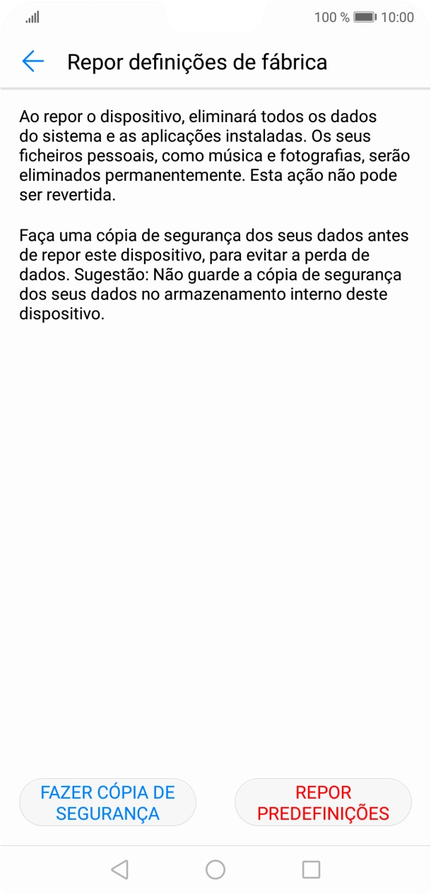 Prima REPOR PREDEFINIÇÕES. Aguarde um momento enquanto o telefone restabelece as definições originais. Siga as indicações no ecrã para configurar o telefone de modo que este fique pronto a ser utilizado.