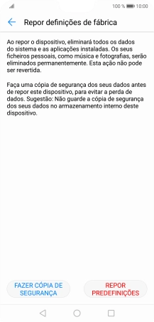 Prima REPOR PREDEFINIÇÕES. Aguarde um momento enquanto o telefone restabelece as definições originais. Siga as indicações no ecrã para configurar o telefone de modo que este fique pronto a ser utilizado.