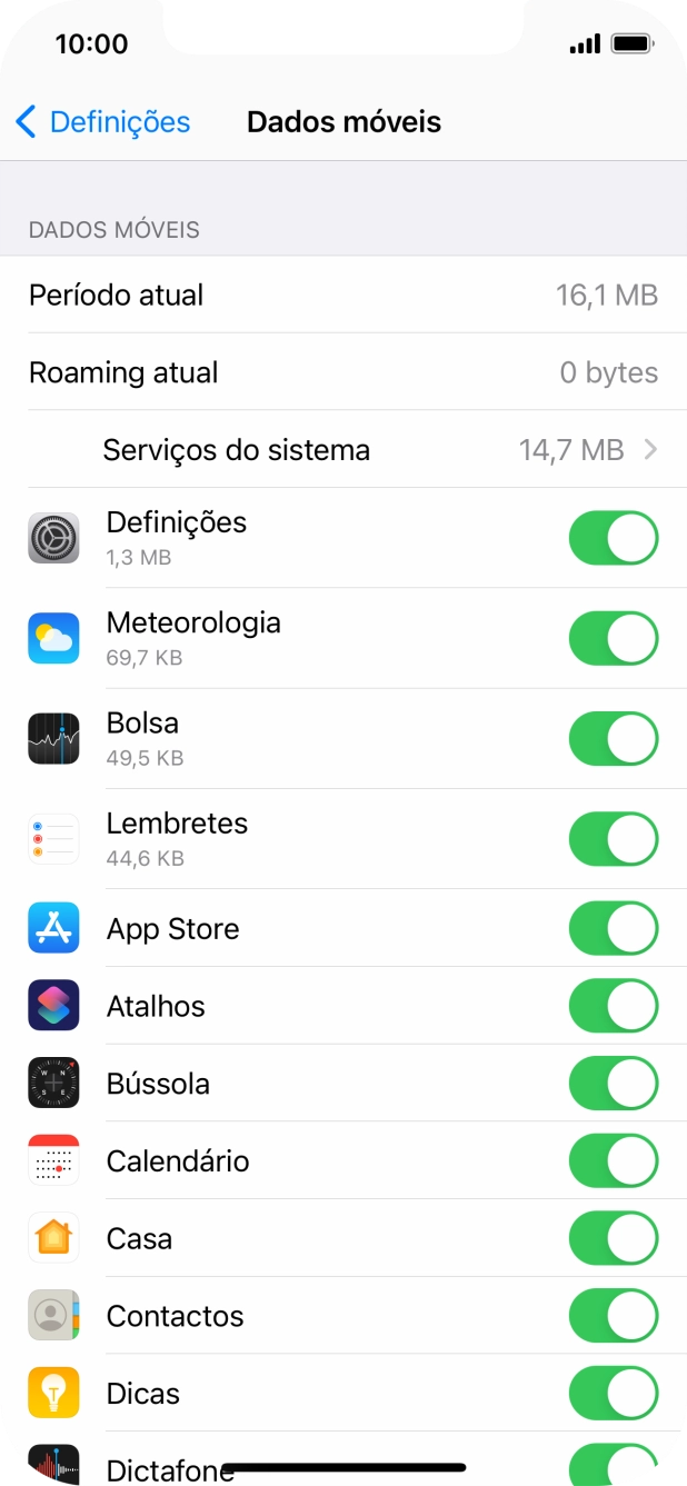 Prima o indicador junto das aplicações pretendidas para ativar ou desativar a função.