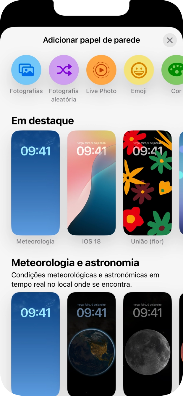 Prima a categoria pretendida e siga as indicações no ecrã para escolher a imagem de fundo pretendida.